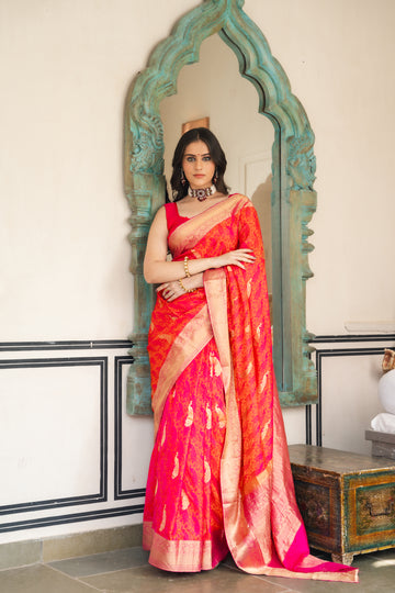 Rani Woven Zari Banarasi Silk Saree With Unstitched Blouse