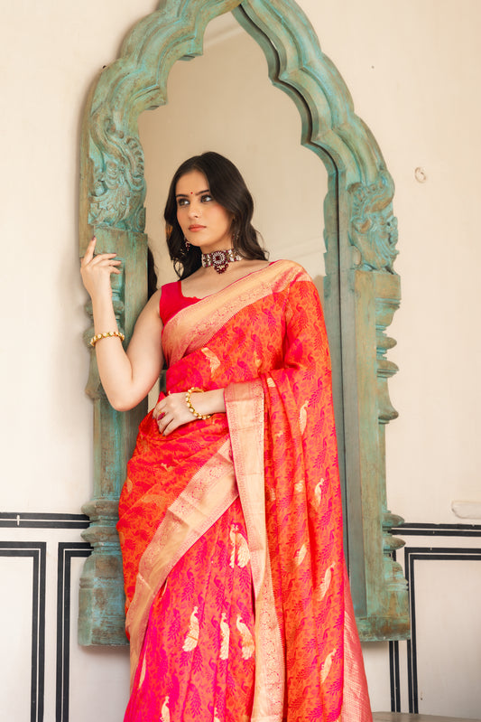 Rani Woven Zari Banarasi Silk Saree With Unstitched Blouse