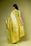 Pista Banarasi Silk Emroidered Saree With Unstitched Blouse