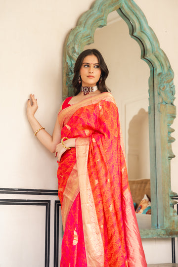 Rani Banarasi Silk Saree With Unstitched Blouse