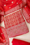 Red Cutdana, Dabka, Sequence, Swarovski & Woven Zari Organza Unstitched Salwar Suit With Organza Dupatta