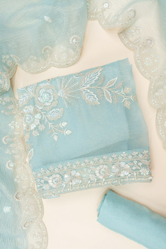 Sky Blue Bead, Sequence & Zari Threadwork Organza Unstitched Salwar Suit With Organza Dupatta