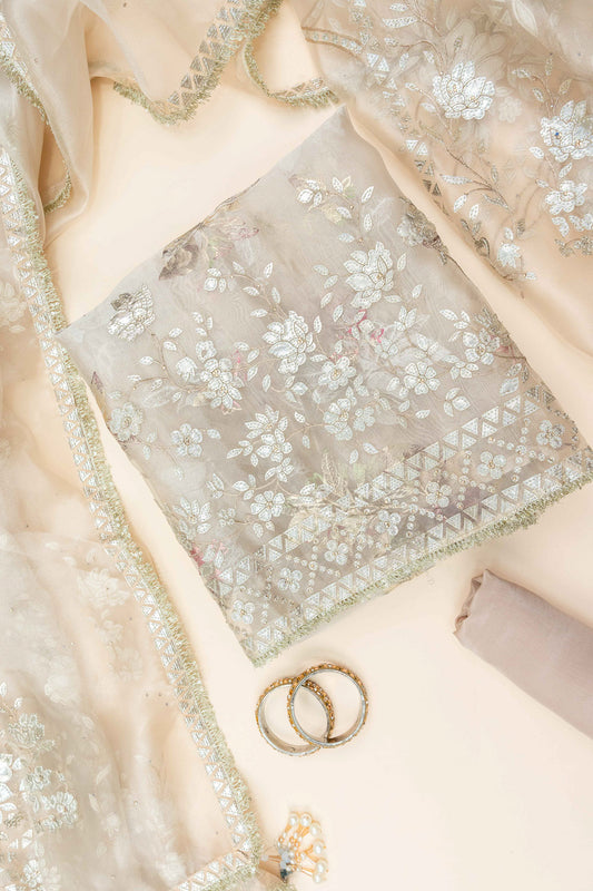 Tussar Gotta Patti, Swarovski, Zari Threadwork & Digital Printed Organza Unstitched Salwar Suit With Organza Dupatta