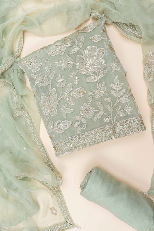 Pista Bead, Sequence & Zari Threadwork Organza Unstitched Salwar Suit With Chiffon Dupatta