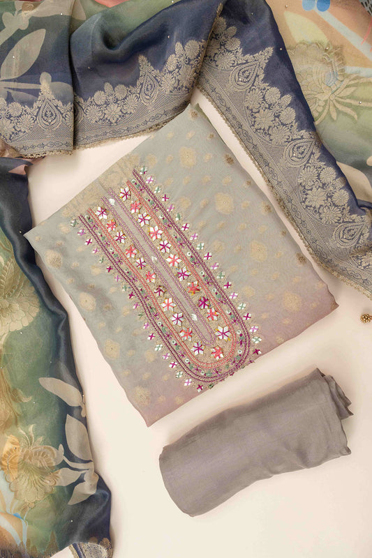 Mauve Banarasi Woven Zari, Dabka, Gotta Patti, Sequence, Swarovski, Threadwork & Digital Printed Organza Unstitched Salwar Suit With Organza Dupatta
