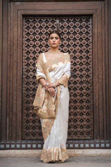 Tussar Organza Embroidered Saree With Unstitched Blouse