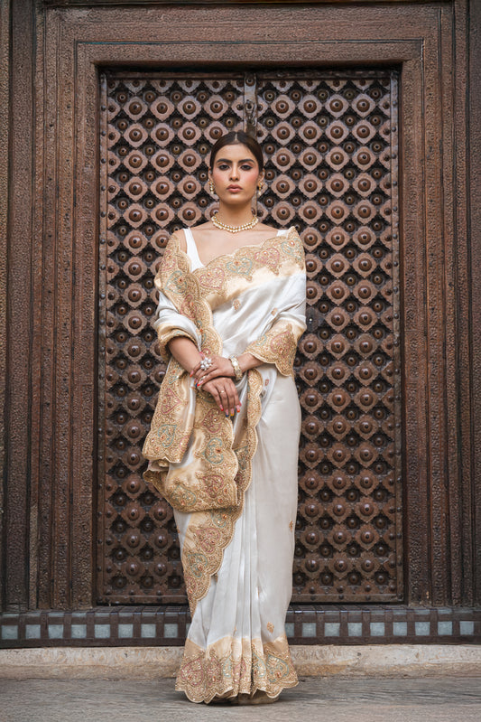 Tussar Organza Embroidered Saree With Unstitched Blouse