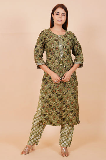 Pista Cotton Embroidered Readymade Suit With Pant