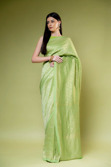Pista Khaddi Georgette Saree With Unstitched Blouse