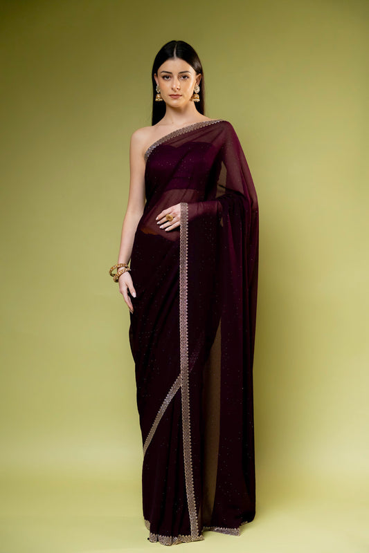 Wine Georgette Embroidered Saree With Unstitched Blouse