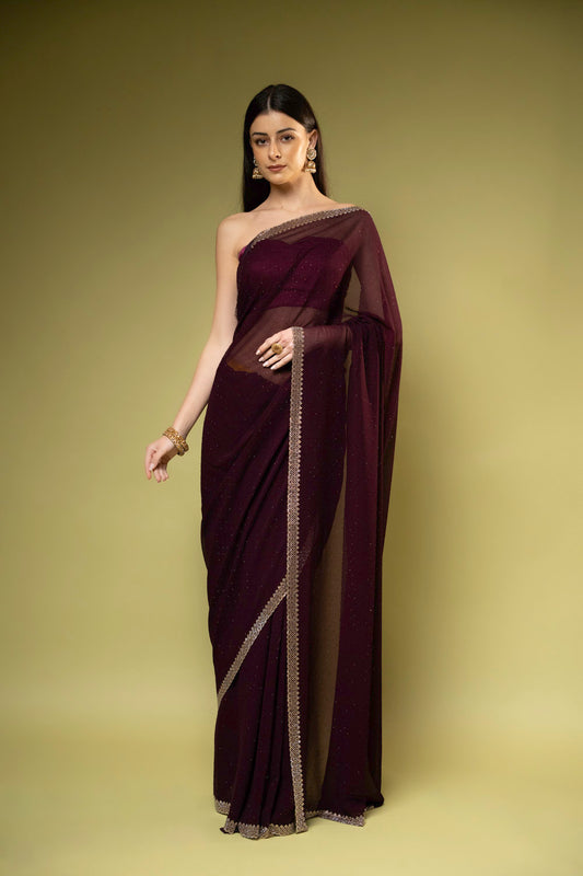 Wine Georgette Embroidered Saree With Unstitched Blouse
