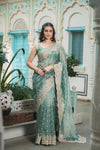 Mint Green Crush Tissue Embroidered Saree With Unstitched Blouse