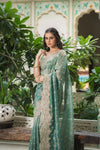 Mint Green Crush Tissue Embroidered Saree With Unstitched Blouse