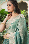 Mint Green Crush Tissue Embroidered Saree With Unstitched Blouse