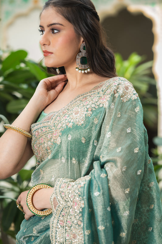Mint Green Crush Tissue Embroidered Saree With Unstitched Blouse