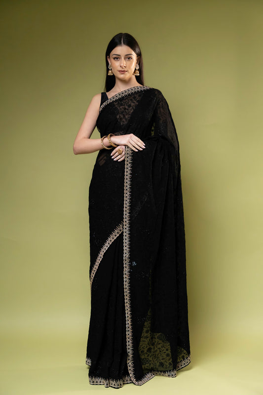 Black Georgette Embroidered Saree With Unstitched Blouse