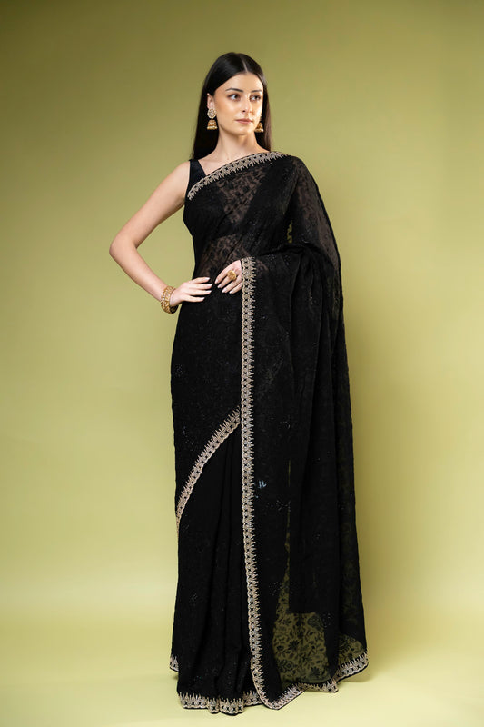 Black Georgette Embroidered Saree With Unstitched Blouse