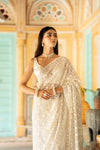 Off White Net Embroidered Saree With Unstitched Blouse