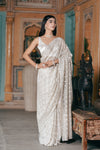 Off White Net Embroidered Saree With Unstitched Blouse