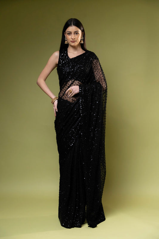 Black Net Embroidered Saree With Unstitched Blouse (Ft. Swati Rathi)