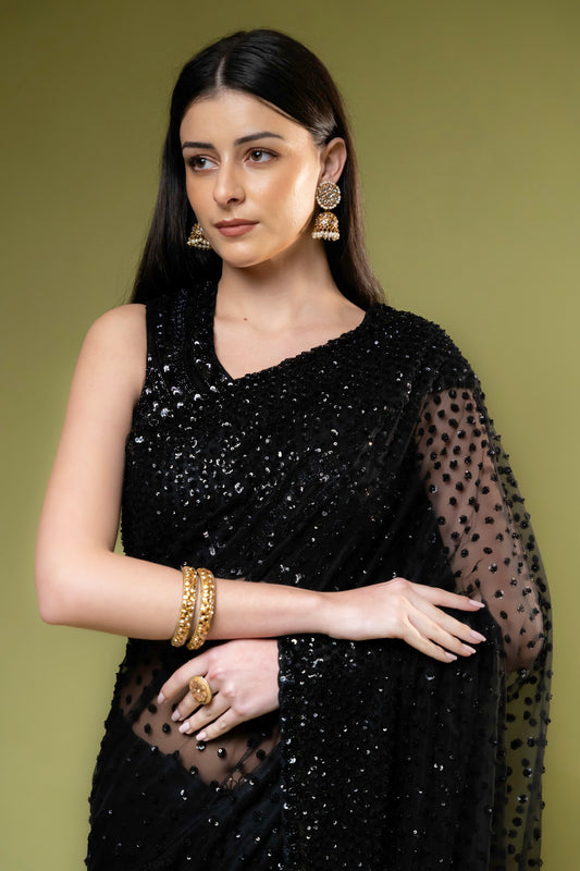 Black Net Embroidered Saree With Unstitched Blouse