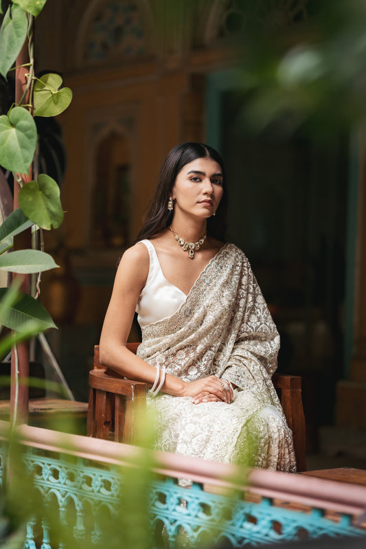 Off White Net Embroidered Saree With Unstitched Blouse