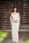 Off White Net Embroidered Saree With Unstitched Blouse