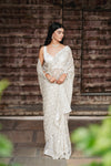 Off White Net Embroidered Saree With Unstitched Blouse