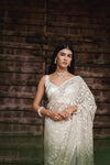 Off White Net Embroidered Saree With Unstitched Blouse