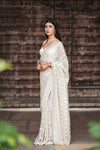 Off White Net Embroidered Saree With Unstitched Blouse