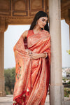 Red Banarasi Silk Saree With Unstitched Blouse