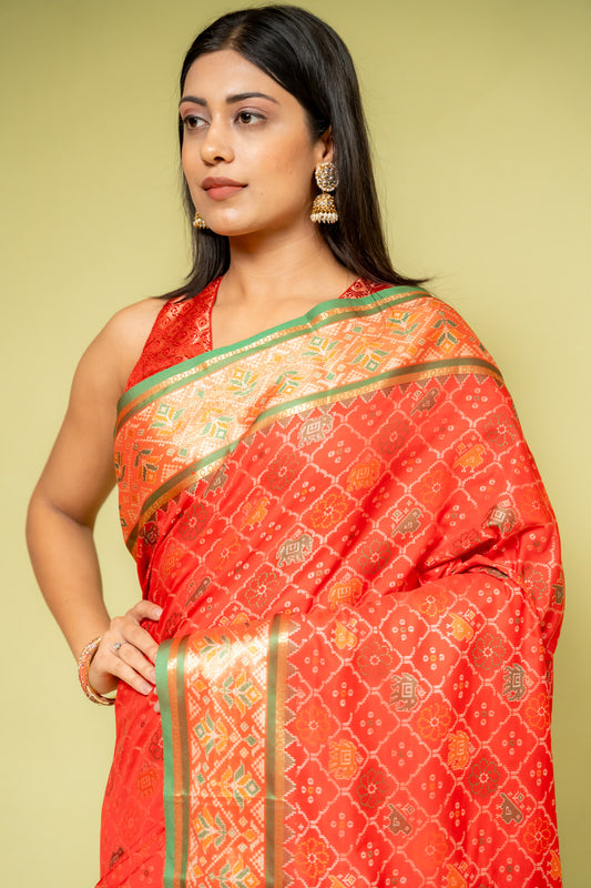 Red Banarasi Silk Saree With Unstitched Blouse
