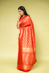 Red Banarasi Silk Saree With Unstitched Blouse