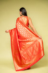 Red Banarasi Silk Saree With Unstitched Blouse