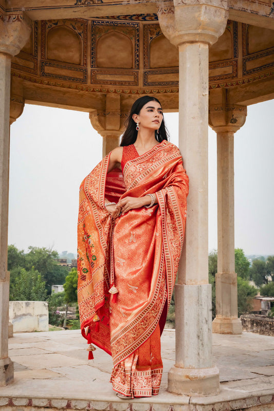 Red Banarasi Silk Saree With Unstitched Blouse