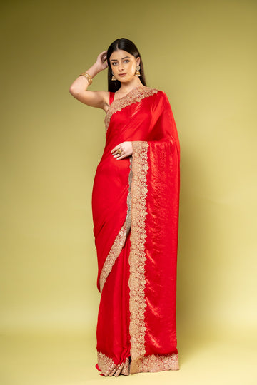 Red Chiffon Saree With Unstitched Blouse