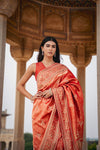 Red Banarasi Silk Saree With Unstitched Blouse