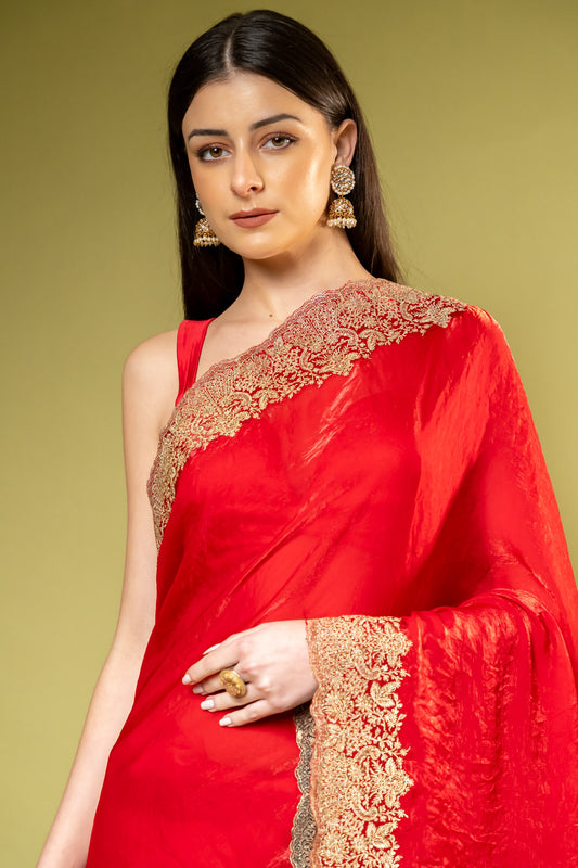 Red Chiffon Saree With Unstitched Blouse