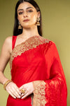 Red Chiffon Saree With Unstitched Blouse