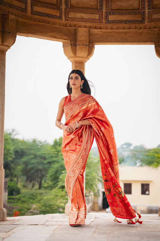 Red Banarasi Silk Saree With Unstitched Blouse