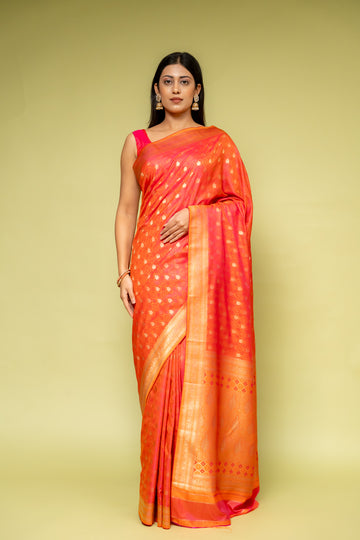 Coral Banarasi Silk Saree With Unstitched Blouse