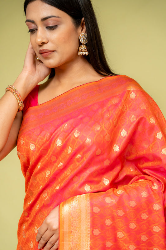 Coral Banarasi Silk Saree With Unstitched Blouse