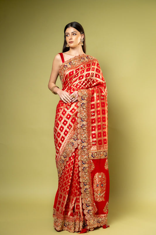 Red Georgette Saree With Unstitched Blouse