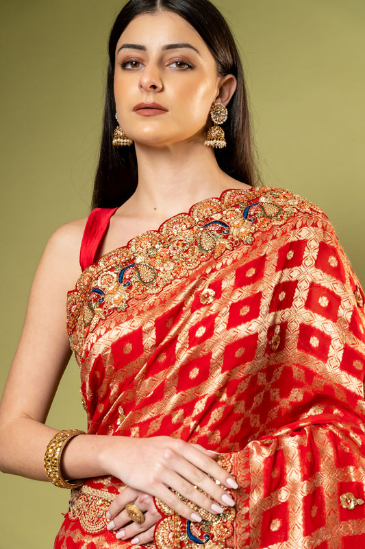 Red Georgette Saree With Unstitched Blouse