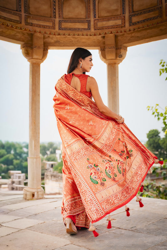 Red Banarasi Silk Saree With Unstitched Blouse