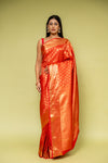 Red Banarasi Silk Saree With Unstitched Blouse