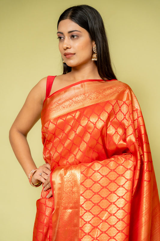 Red Banarasi Silk Saree With Unstitched Blouse