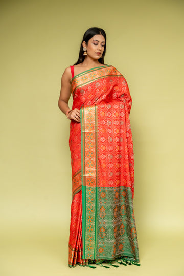 Red Banarasi Silk Saree With Unstitched Blouse