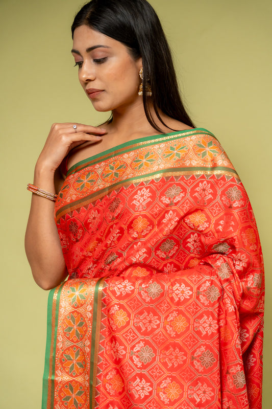 Red Banarasi Silk Saree With Unstitched Blouse