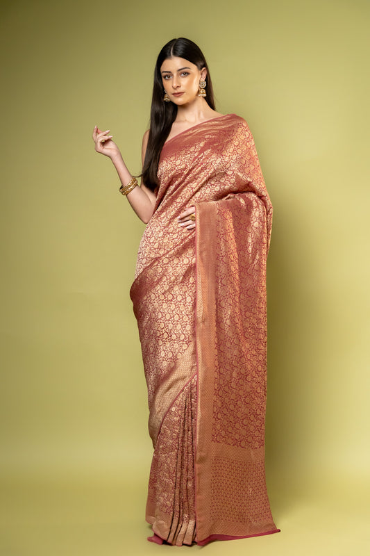 Dark Gajari Khaddi Georgette Saree With Unstitched Blouse
